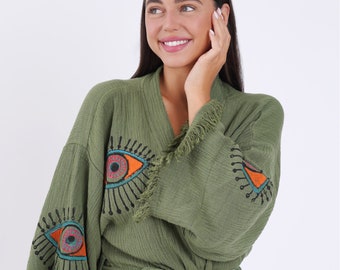 Kimono Festival Boho Evil Eye fatto a mano, Abbigliamento da spiaggia Boho, Accappatoio, Accappatoio Spa, Abito mattutino, Cardigan Boho, Copricostume da spiaggia, Vestaglia