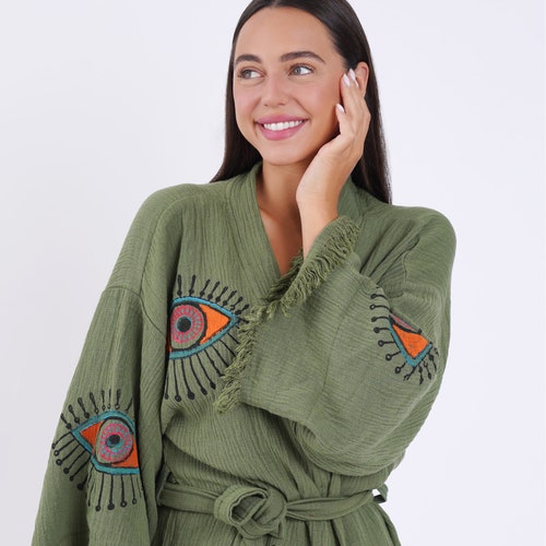 Handmade Evil Eye Boho Festival Kimono, Boho Beachwear, Bathrobe, Spa Robe, Morning Robe, Boho Cardigan, Beachwear Cover up, Dressing gown