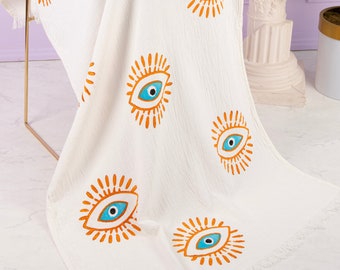 Handmade Evil Eye Beach Towel, Evil Eye Pareo, Boho Beachwear, 100% Organic Cotton Muslin, Beach Cover up, Evil Eye Towel, Beach Blanket