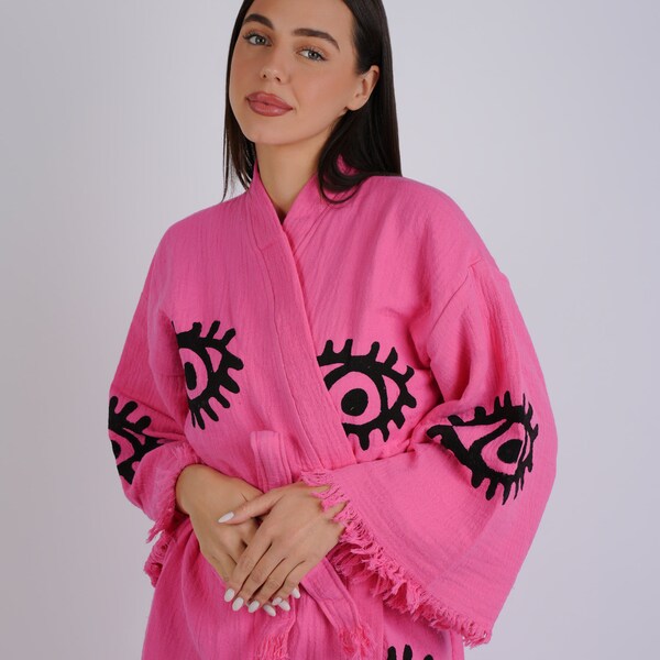 Handgemaakte Evil Eye Boho Festival Kimono, Boho Beachwear, Badjas, Spa Robe, Barbie Pink Robe, Cardigan, Beachwear Cover up, Badjas