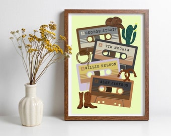 90's Country Music Cassette Tape - George Strait Tim McGraw Willie Nelson Alan Jackson Wall Art Print - Country Western - Digital Download