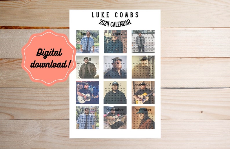 Luke Combs 2024 Printable Calendar Country Music Artist Cowboy Wall Art
