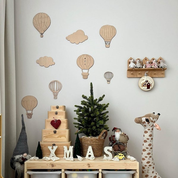 Decorazione per la cameretta Boho - Set di mongolfiere in legno