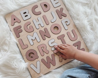 Wooden Alphabet Puzzle for Kids, First Birthday Gift, Letters Learning Toy, Montessori Handmade Toy for Toddlers 1 - 4 years