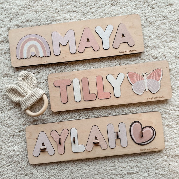 Personalized Baby Name Puzzle with Pegs, First Christmas Gift, Wooden Montessori Toys for Toddler