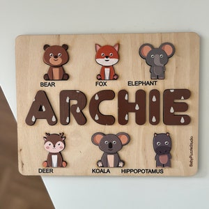 Puzzle con nome in legno con animali, tabellone con nome personalizzato per bambino, regali di Pasqua per bambini