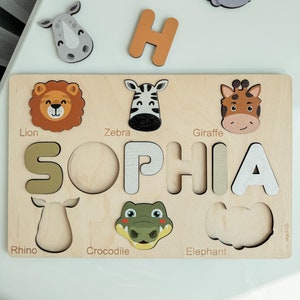 Wooden Puzzle First Name, Customizable Gift 1 Year, Animals Puzzle for Child, Personalized Name Puzzle for Toddlers 1-4 years,Baptism Gift