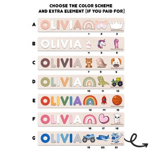 May include: A chart with seven different color schemes for a personalized wooden puzzle. Each scheme features a different color palette for the name "Olivia" and a corresponding extra element, such as a rainbow, a butterfly, a unicorn, a bear, a dinosaur, a rocket, a heart, a polar bear, a monster truck, an airplane, or a helicopter. The chart is labeled with letters A through G and numbers 1 through 21.
