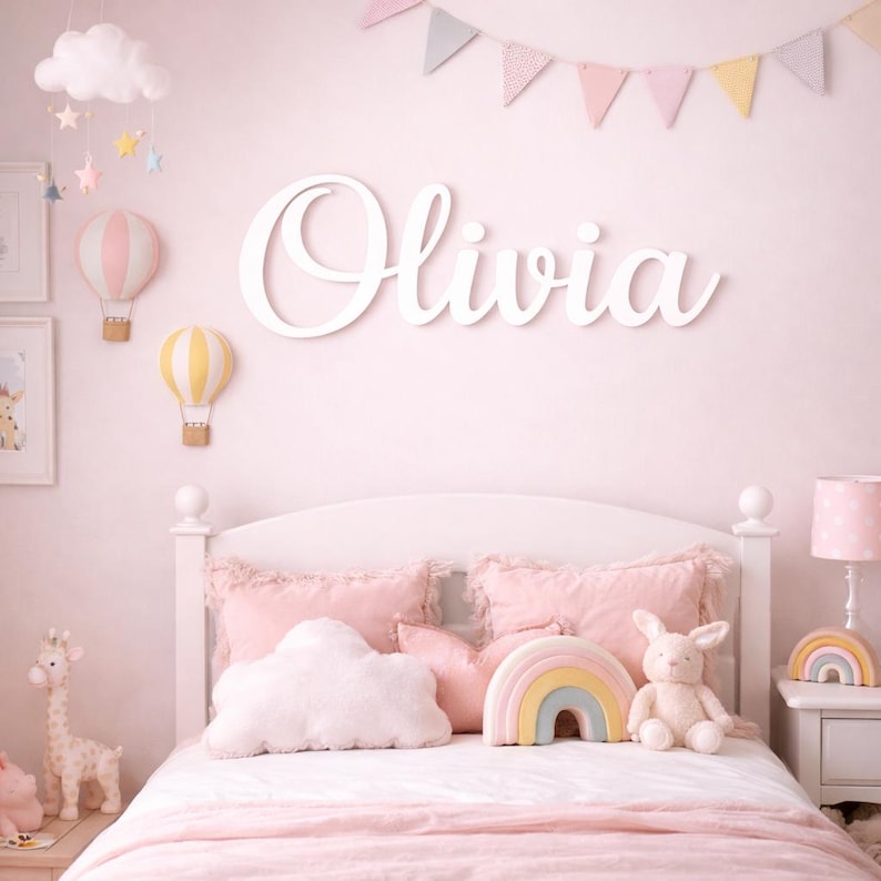Custom Name Sign 8" to 35" inch Wooden Personalized Laser Cut Names Plaque for Nursery Baby Girl Wall Decor image 9