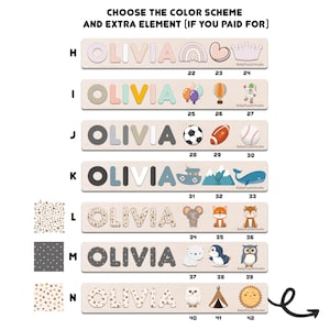 Op de afbeelding: Een set van 12 gepersonaliseerde houten puzzelstukken met verschillende kleurschema's en extra elementen. Elk stuk heeft de naam "Olivia" in een andere kleur en lettertype. De extra elementen omvatten een regenboog, een hart, een kroon, ballonnen, een luchtballon, een ruimteschip, een voetbal, een rugbybal, een honkbal, een boot, bergen, een walvis, een muis, een vos, een eekhoorn, een ijsbeer, een pingu&iuml;n, een uil, een uil, een tipi en een zon.