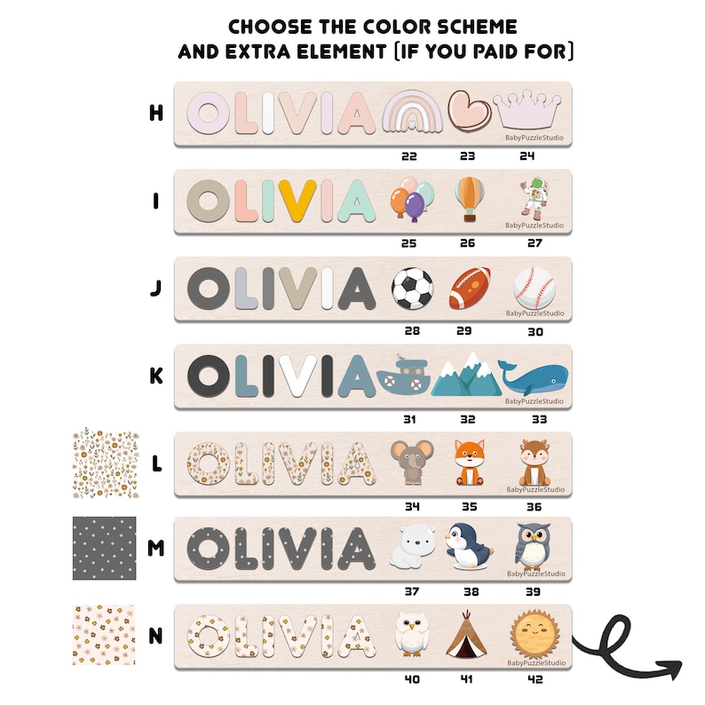 Op de afbeelding: Een set van 12 gepersonaliseerde houten puzzelstukken met verschillende kleurschema's en extra elementen. Elk stuk heeft de naam "Olivia" in een andere kleur en lettertype. De extra elementen omvatten een regenboog, een hart, een kroon, ballonnen, een luchtballon, een ruimteschip, een voetbal, een rugbybal, een honkbal, een boot, bergen, een walvis, een muis, een vos, een eekhoorn, een ijsbeer, een pingu&iuml;n, een uil, een uil, een tipi en een zon.