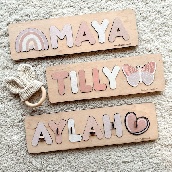 Puzzle personnalisé de nom de bébé avec des chevilles, Premier cadeau de Noël, Jouets Montessori en bois pour tout-petits