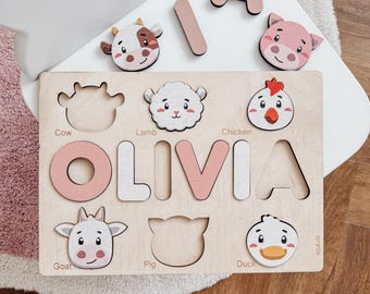 Personalized Name Puzzle for Kids, Custom Baby Gifts, Wooden Puzzles for Toddlers, Early Learning Toys for Baby Boy & Girl 1 Year Old