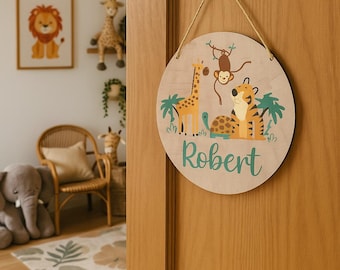 Safari Themed Nursery Name Sign, Wood Round Plaque, Jungle Animals Kids Room Wall Decor