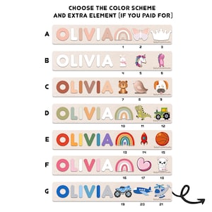 Op de afbeelding: Zeven verschillende kleurenschema's voor een gepersonaliseerde naam puzzel met de naam Olivia. Elk schema heeft een ander kleurenpalet voor de letters en een uniek extra element, zoals een regenboog, een kroon, een eenhoorn, een beer, een dinosaurus, een raket, een hart, een vrachtwagen of een helikopter.
