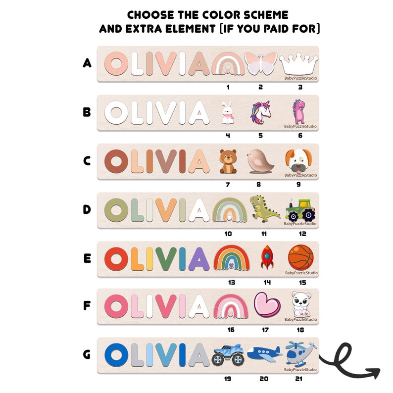 Op de afbeelding: Zeven verschillende kleurenschema's voor een gepersonaliseerde naam puzzel met de naam Olivia. Elk schema heeft een ander kleurenpalet voor de letters en een uniek extra element, zoals een regenboog, een kroon, een eenhoorn, een beer, een dinosaurus, een raket, een hart, een vrachtwagen of een helikopter.