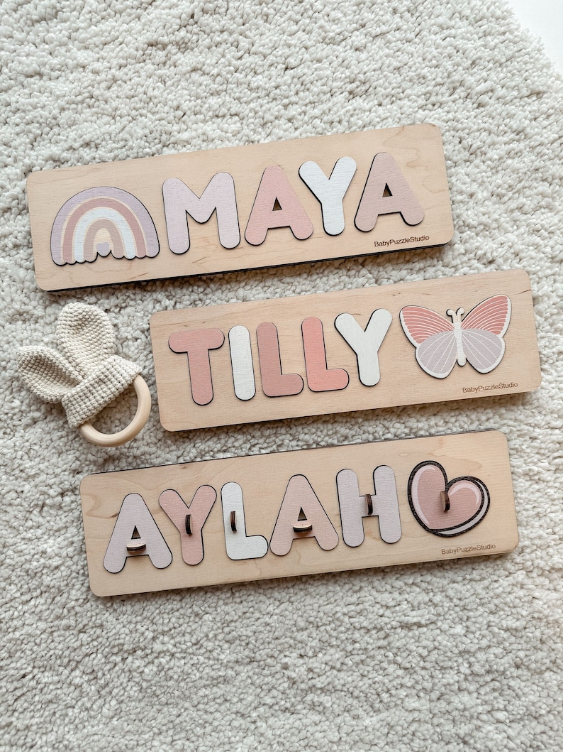 Personalized Baby Name Puzzle with Pegs, First Christmas Gift, Wooden Montessori Toys for Toddler image 1