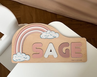 Personalized name puzzle with rainbow | Baby 1st Birthday Gift | Toddler wooden toys | Custom Name Nursery Decor