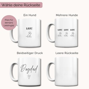 Puede incluir: Cuatro tazas de cer&aacute;mica blanca con diferentes dise&ntilde;os. La primera taza tiene una silueta de perro y el texto "NAME". La segunda taza tiene tres siluetas de perro y el texto "NAME NAME NAME". La tercera taza tiene el texto "Dogdad" con un coraz&oacute;n. La cuarta taza est&aacute; en blanco.