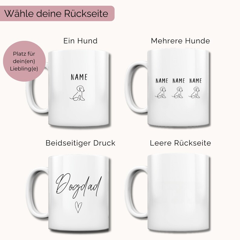 Puede incluir: Cuatro tazas de cer&aacute;mica blanca con diferentes dise&ntilde;os. La primera taza tiene una silueta de perro y el texto "NAME". La segunda taza tiene tres siluetas de perro y el texto "NAME NAME NAME". La tercera taza tiene el texto "Dogdad" con un coraz&oacute;n. La cuarta taza est&aacute; en blanco.