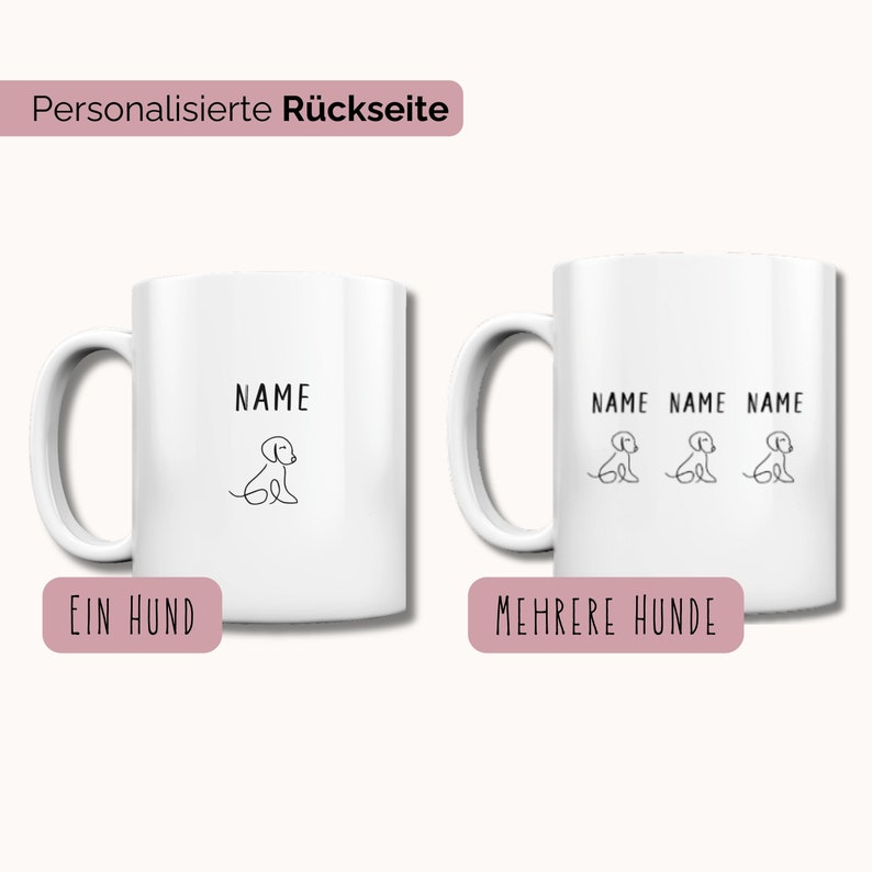 Puede incluir: Dos tazas de cer&aacute;mica blanca con una ilustraci&oacute;n de perro y el texto "NAME" en ellas. La taza de la izquierda tiene un perro y el texto "EIN HUND". La taza de la derecha tiene tres perros y el texto "MEHRERE HUNDE".