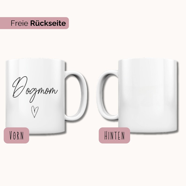 Puede incluir: Taza de cer&aacute;mica blanca con una inscripci&oacute;n negra que dice "Dogmom" con un peque&ntilde;o coraz&oacute;n debajo. La taza se muestra desde el frente y la parte posterior.