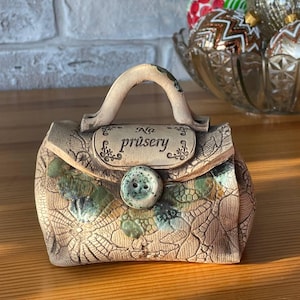 Handmade Ceramic Coin Bank Shaped as Purse, Unique Clay Money Box with Lace Pattern and Button, 4.5” x 3”
