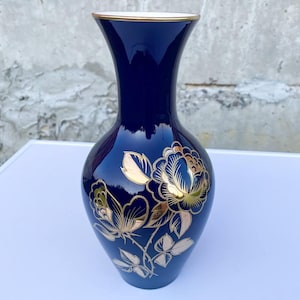 Vintage Echt Kobalt Blue Porcelain Vase – Germany, Hand-Painted Gold Florals, Real Cobalt, Mid-Century Antique