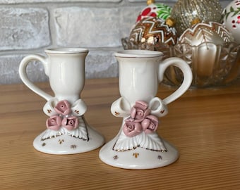 Lot De 6 Petits Bougeoirs En Porcelaine Blanche - Forme Rose - Vintage