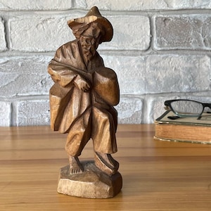 Vintage Hand-Carved Wooden Man Figurine, Rustic Folk Art Sculpture, European Carving, Late 20th Century
