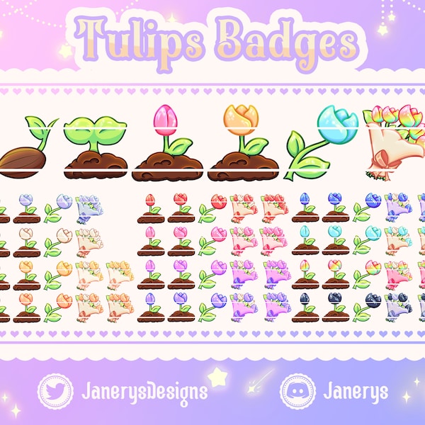 60 Cute Tulips (all color variations) + Flairs Badges for Twitch/Youtube - Streaming - Sub Bits Badges - Tulipes Fleurs Rainbow Flowers