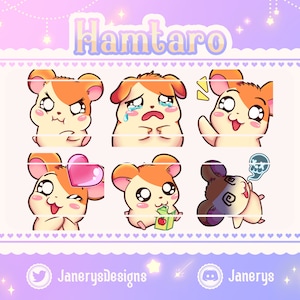 6 Cute Hamtaro Emotes for Twitch/Youtube - Streaming - Sub Bits Badges - Hamster