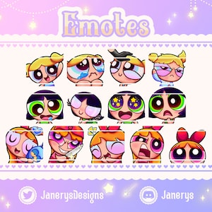 13 + 3 Animated Cute Powerpuff Girls Emotes for Twitch/Youtube - Bubbles Blossom & Buttercup - for Streaming - Super Nanas