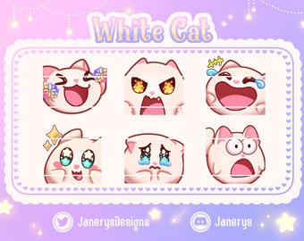 6 White Cat Emotes for Twitch/Youtube - Streaming - Sub Bits Badges - Cute White Cat