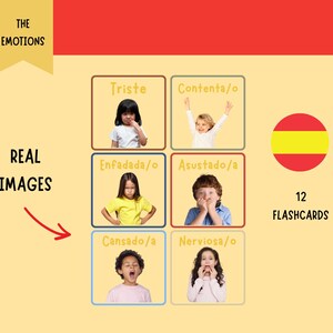 FLASHCARDS de sentimentos de emoção em ESPANHOL, Las Emociones, Imagens reais, Download digital, Canto calmo, Escola em casa, Espanhol para crianças.