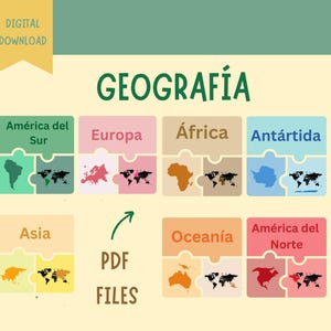 May include: A colorful infographic titled "GEOGRAFÍA" with puzzle pieces representing continents. Each piece shows a map of the continent and a world map with the continent highlighted. The continents are: North America, South America, Europe, Asia, Africa, Oceania, and Antarctica. The text "PDF FILES" is written in green.