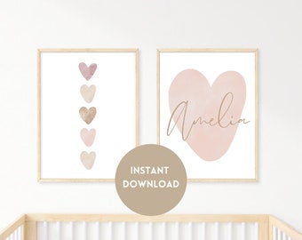 PERSONALISED Nursery Print, Set of 2, DIGITAL DOWNLOAD, Girl, Boy, Unisex, Nursery Wall Art, Personalised Heart Print. Pink Room Print