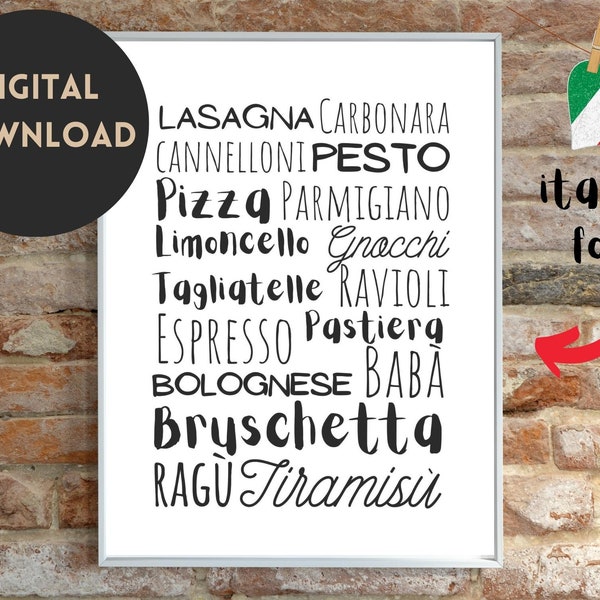 Typical Italian Food, Cucina Italiana, DIGITAL DOWNLOAD, Kitchen Wall Art, Dining Room Print, Italian Print with Names, Monochrome  Wall Art