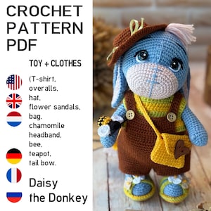Padrão de crochê para o brinquedo Daisy, a Burrinha. Brinquedo fofo e divertido de 20 cm, em PDF, por Irina Tarasova.