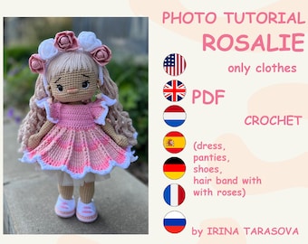 Patrón de crochet para el conjunto de ropa de juguete "Rosalie" para muñecas de 29 cm. SOLO ROPA, muñeca no incluida. PDF de Irina Tarasova.