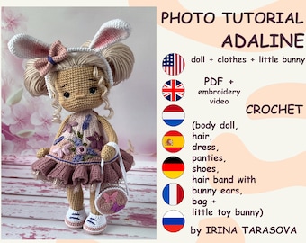 SET MODELLI ALL'UNCINETTO - Bambola base Amigurumi Laurie e Adaline, vestiti e bambola giocattolo all'uncinetto con coniglietto con vestiti. di Irina Tarasova