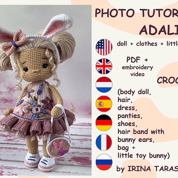 SET PATRONES DE CROCHET - Muñeca básica Amigurumi, conjunto de ropa para Laurie y Adaline, y muñeca de crochet conejita de juguete con ropita. por Irina Tarasova