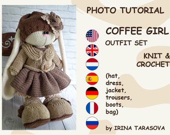 Padrão de roupa de tricô e crochê Coffee Girl de Irina Tarasova. Estilo fácil e bonito para brinquedo