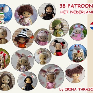 May include: A collection of 38 crochet doll patterns featuring various designs and styles. The patterns are titled "38 Patroons Het Nederlands" and are by Irina Tarasova.
