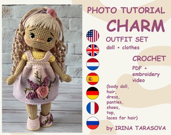 SET CROCHET PATTERNS -  Amigurumi basic doll Kylie and Charm outfit clothes outfit. crochet doll with clothes. pdf by Irina Tarasova