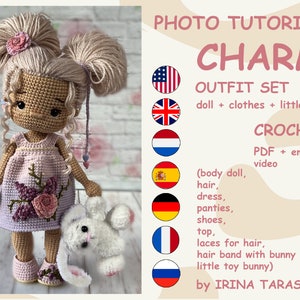 SET CROCHET PATTERNS -  Amigurumi basic doll Laurie and Charm outfit clothes and bunny toy crochet doll with clothes. pdf by Irina Tarasova