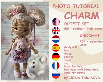 SET CROCHET PATTERNS -  Amigurumi basic doll Laurie and Charm outfit clothes and bunny toy crochet doll with clothes. pdf by Irina Tarasova