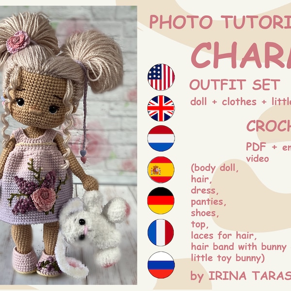 SET CROCHET PATTERNS -  Amigurumi basic doll Laurie and Charm outfit clothes and bunny toy crochet doll with clothes. pdf by Irina Tarasova