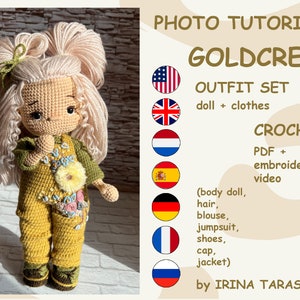 SET CROCHET PATTERNS -  Amigurumi basic doll Laurie and Goldcrest outfit clothes outfit. crochet doll with clothes. pdf by Irina Tarasova