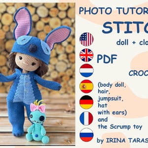 May include: A crocheted doll wearing a blue jumpsuit and hat with large ears, resembling a cartoon character. A smaller, turquoise crocheted toy is also present. The image includes the text "PHOTO TUTORIAL STITCH doll + clothes PDF CROCHET".